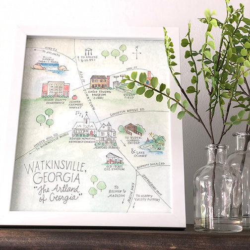 Watercolor Map of Watkinsville, Georgia