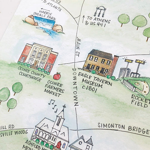 Watercolor Map of Watkinsville, Georgia